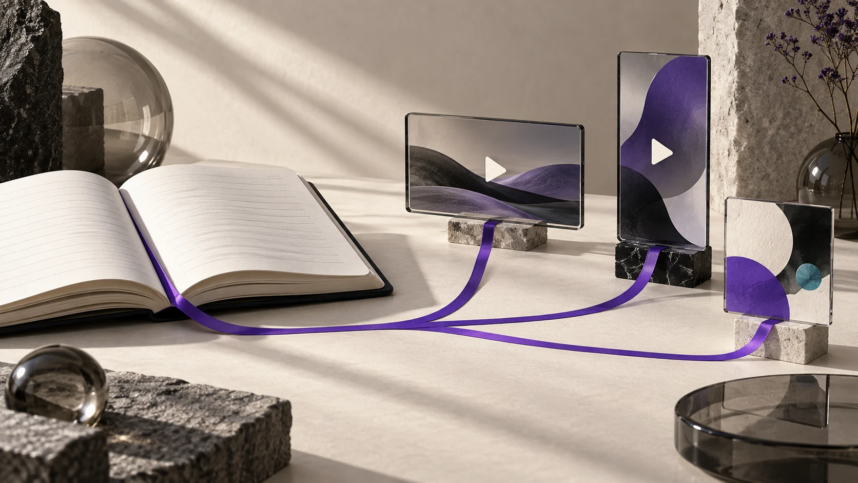 An open notebook connects by violet ribbons to landscape, portrait and square content frames.