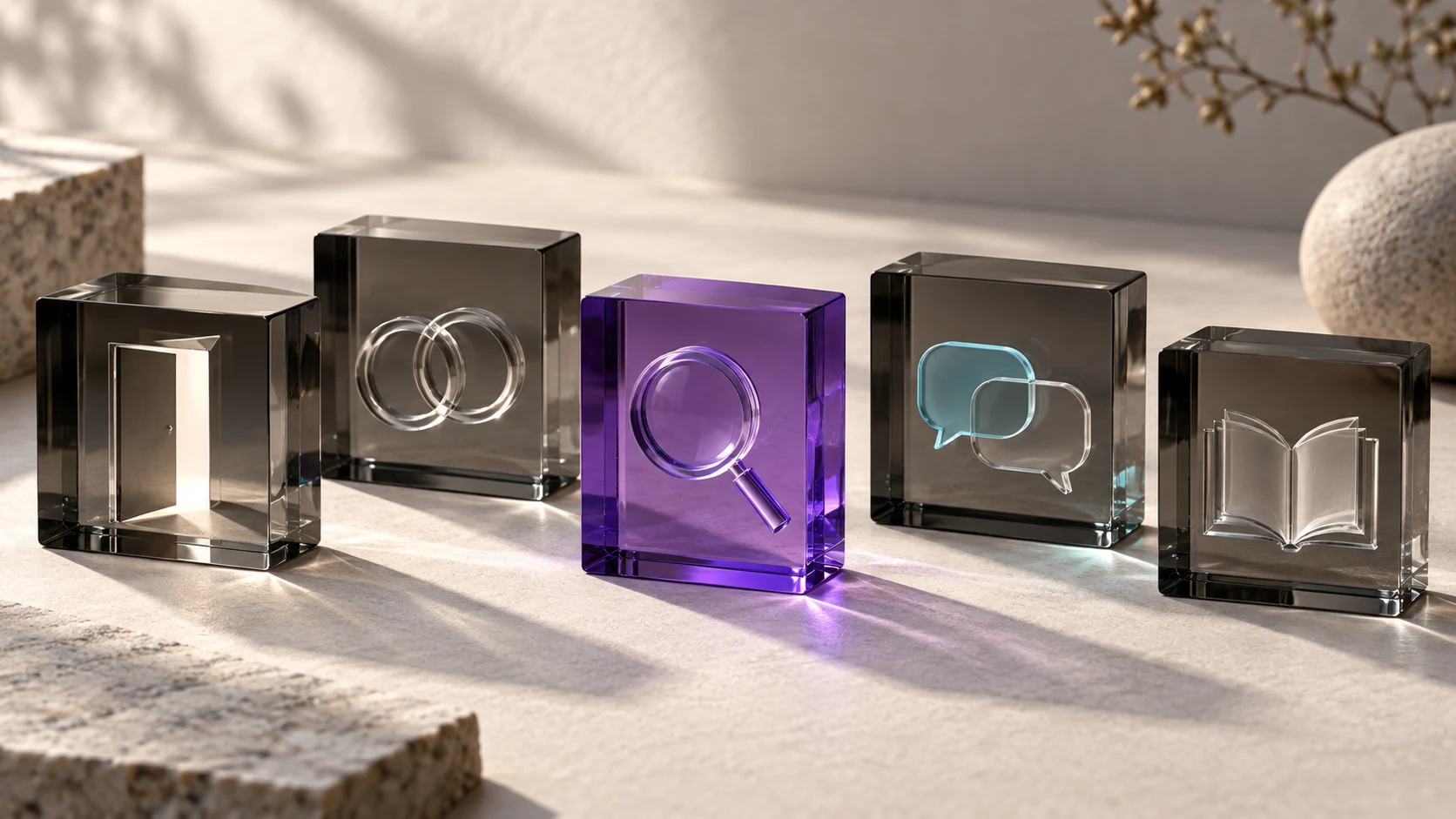 Five glass objects represent discovery, connection, evaluation, conversation and learning.