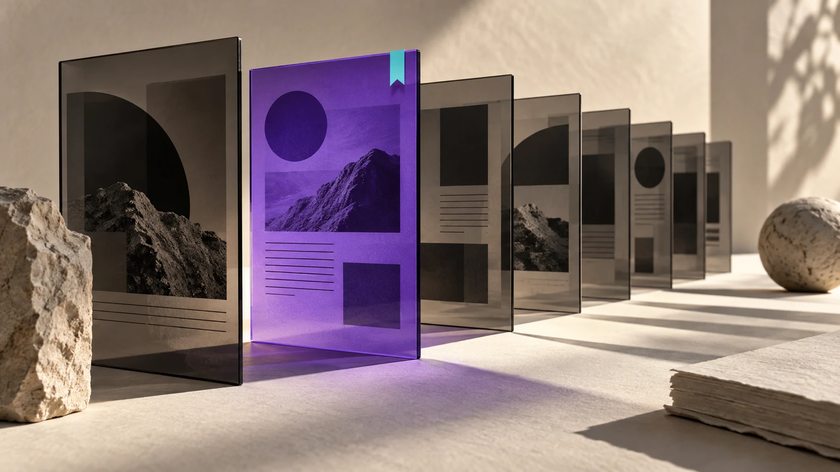 A violet editorial panel stands out among a series of translucent pages.